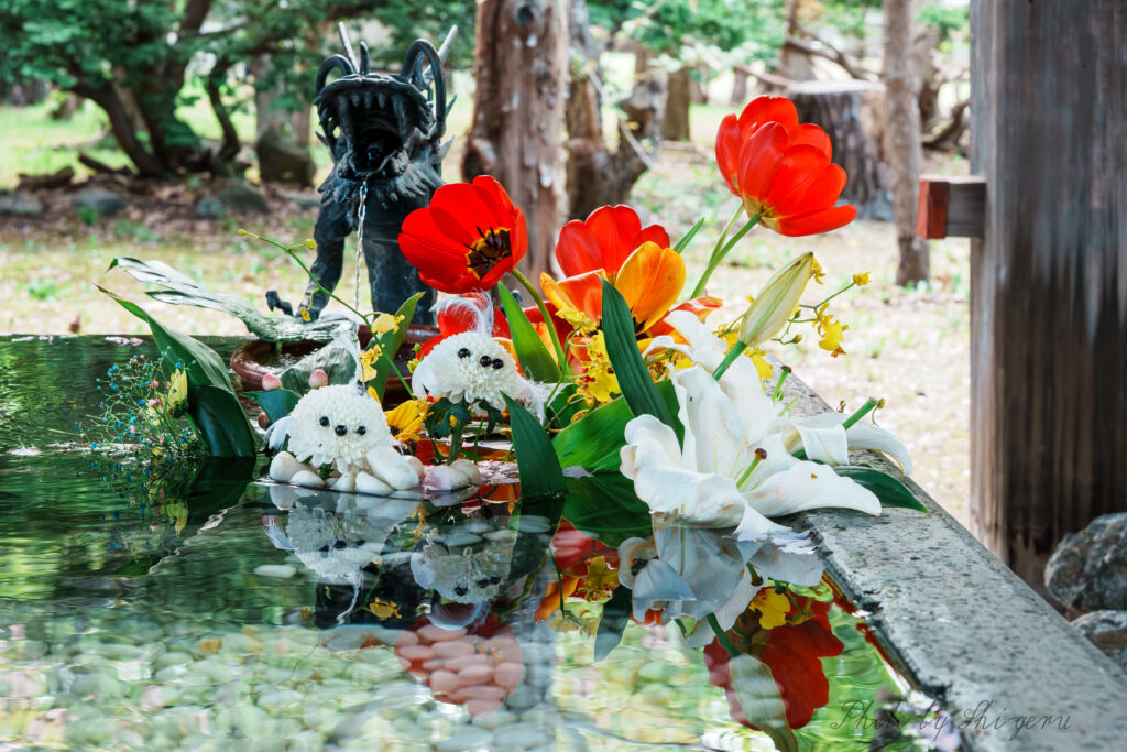 Dragon fountain spews water amid a bright bouquet of red and orange flowers by a reflective garden pool