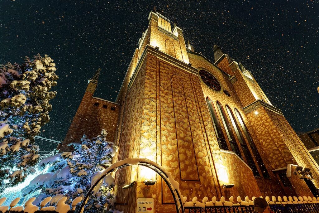 line_oa_chat_260528_143656 - 札幌の注文住宅なら寿建設|屋上庭園とガレージが得意な工務店 Nighttime view of a tall stone church illuminated from below, with heavy snowfall and snow-covered trees in the foreground.
