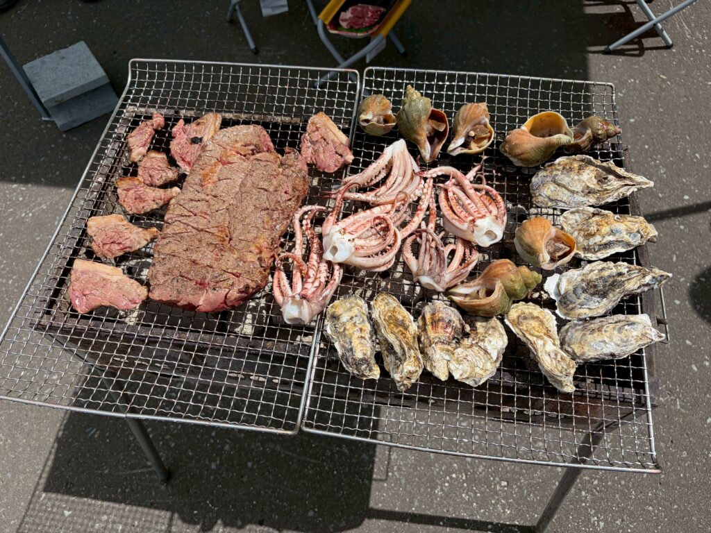 Assorted grilled seafood and beef on a wire mesh barbecue: beef steaks, squid tentacles, shellfish, and conchs.