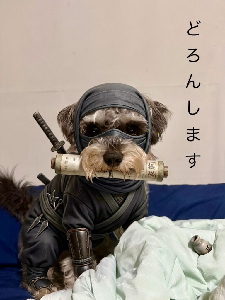 line_oa_chat_260728_152313 - 札幌の注文住宅なら寿建設|屋上庭園とガレージが得意な工務店 Dog dressed as a ninja wearing a hood and mask, with armor and a sword in its mouth, sitting on a bed with a pale green blanket. Vertical Japanese text is on the right side.